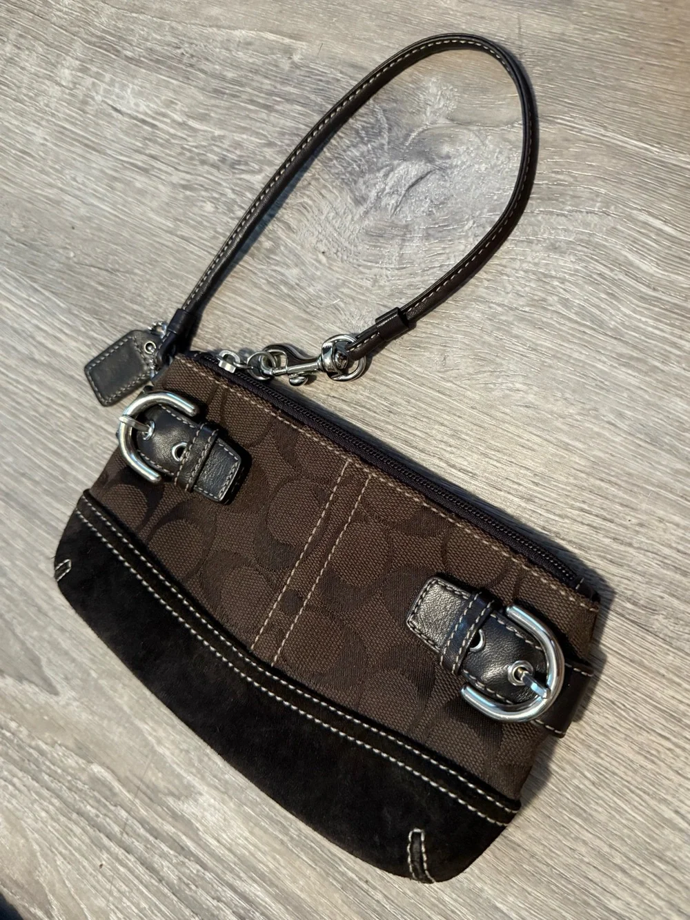 Coach Signature Brown Buckle Accent Wristlet Leather Purse